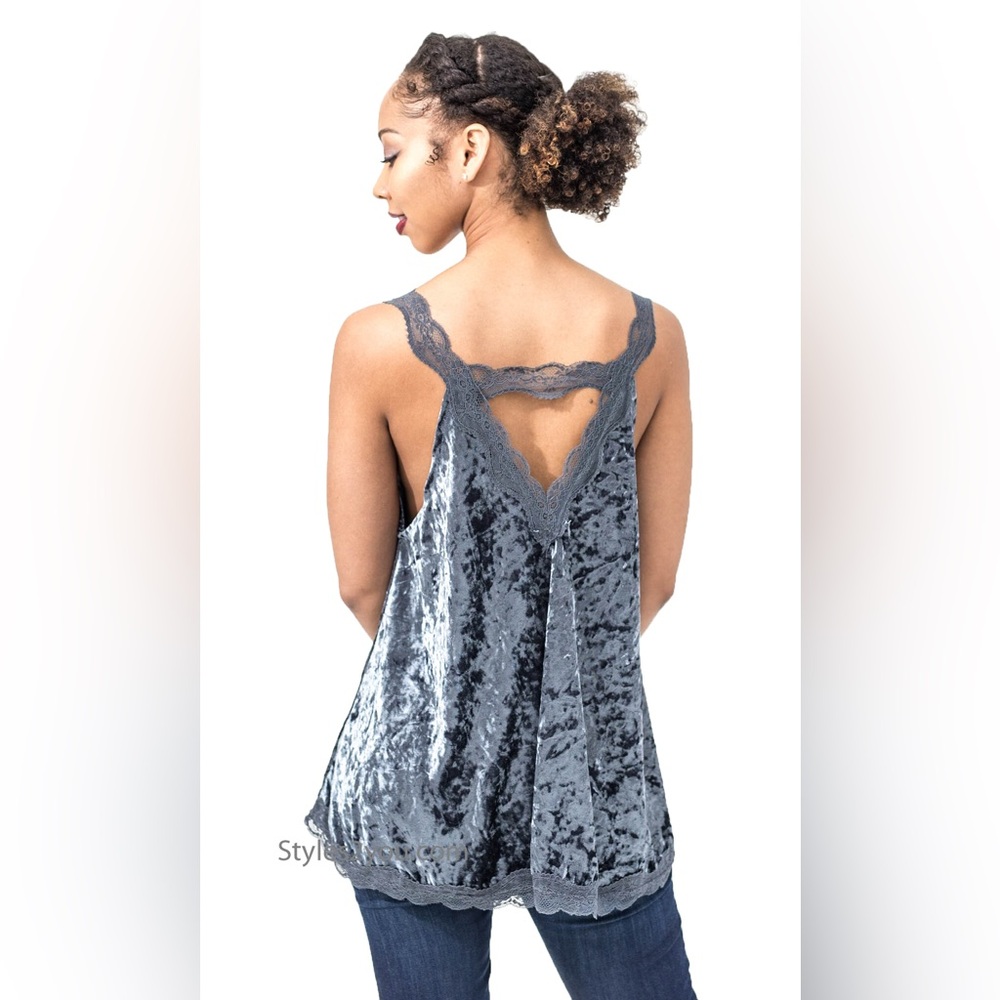 POL Brown Crushed Velvet V Neck Lace Trim Flowy‎ Tank Size Small Boho-Western - Picture 9 of 9